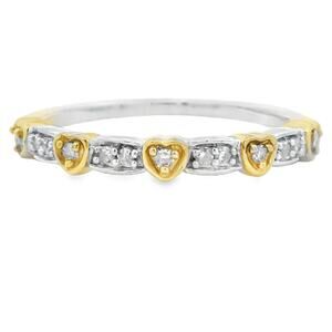 Diamond Hearts Band Ring Stackable Band 925 Sterling Silver Gold Accents
